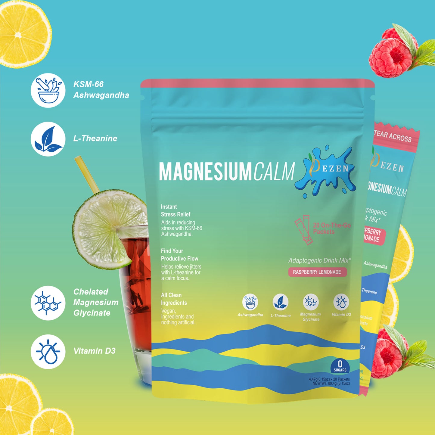DEZEN Calm Magnesium Powdered Drink Mix with L Theanine, Ashwagandha, Magnesium Glycinate, Vitamin D, 20 Packets Each for Sleep & Anxiety Relief