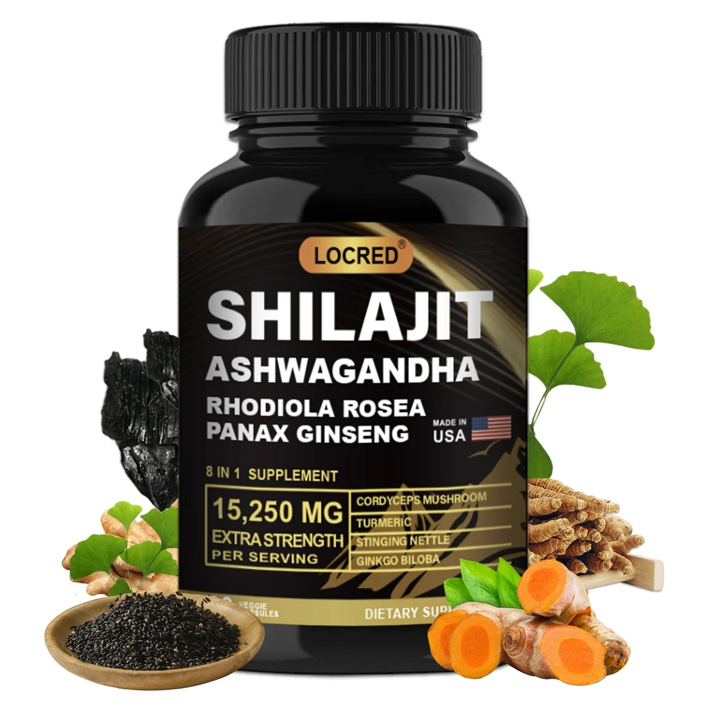 Shilajit 15250mg & Sea Moss 19445mg Combo Pack - 60 Count Each with Black Seed Oil, Ashwagandha, Ginger, Rhodiola Rosea for Enhanced Energy Stress Relief & Immune Support