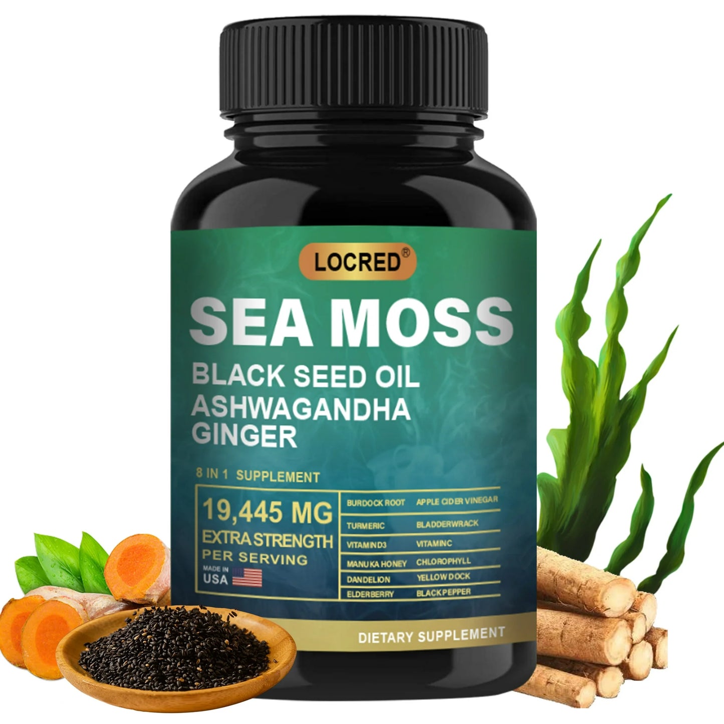 Shilajit 15250mg & Sea Moss 19445mg Combo Pack - 60 Count Each with Black Seed Oil, Ashwagandha, Ginger, Rhodiola Rosea for Enhanced Energy Stress Relief & Immune Support
