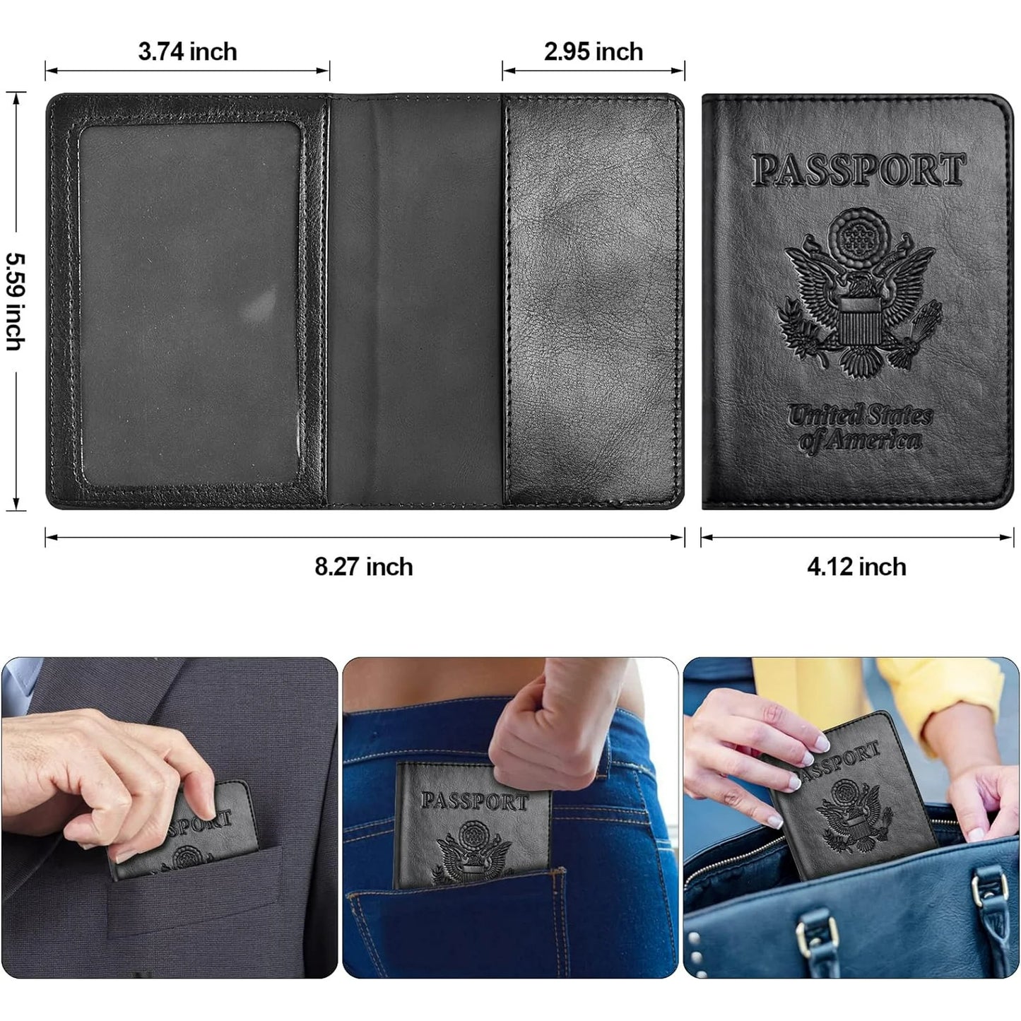 DEZEN Passport Holder with Vaccine Card Holder, PU Leather, Waterproof
