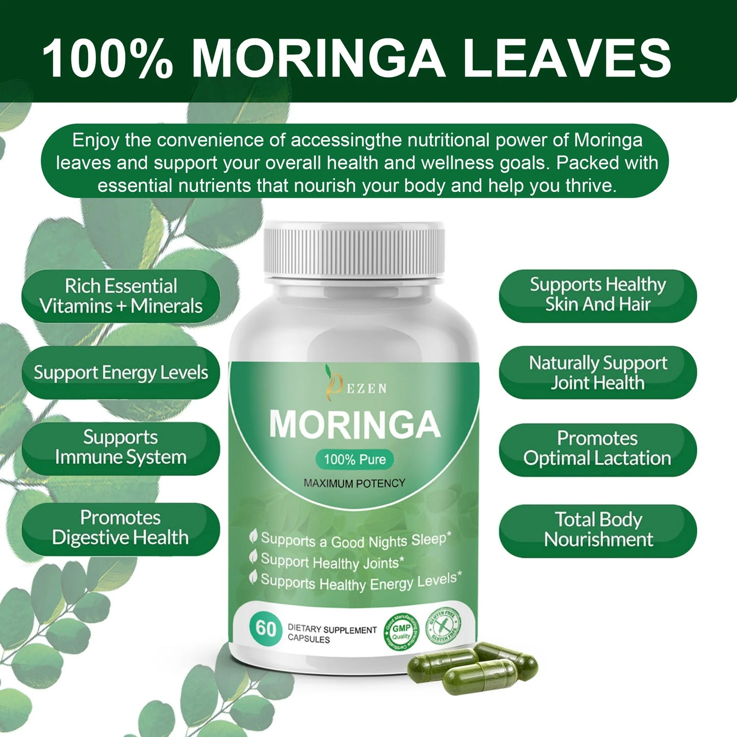 DEZEN Moringa Powder Capsules Superfood– Nutrient-Rich Antioxidant Superfood, A1