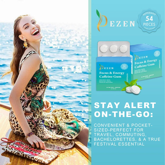 54Pcs DEZEN Energy Caffeine Mint Gum with L-Theanine + Caffeine + Vitamin B12 & B6, Nootropic Energy & Focus Supplement, Peppermint Flavor