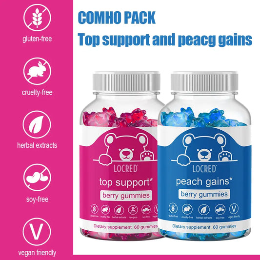 Bum Enhancement Peach Gain Gummies & Chest Enhancement Top Support Gummies for Women (60 Count Each), Pack 2