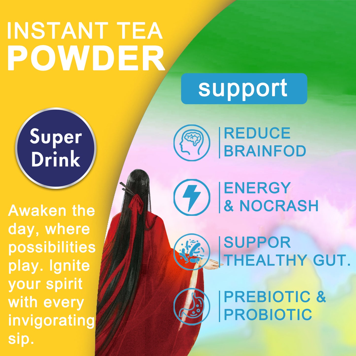 DEZEN Yerba Mate Instant Tea with Probiotics Supplements for Boost Energy, Focus and Gut Health Support, Peach Mango, 30 Servings, 11.64 Ounce