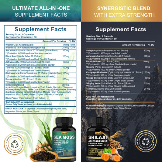 Shilajit 15250mg & Sea Moss 19445mg Combo Pack - 60 Count Each with Black Seed Oil, Ashwagandha, Ginger, Rhodiola Rosea for Enhanced Energy Stress Relief & Immune Support