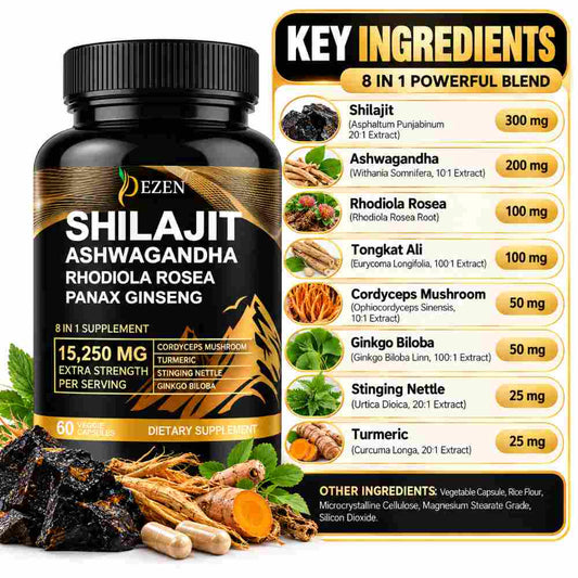 DEZEN Shilajit Capsules 15250mg with Ashwagandha, Ginseng Rhodiola, 60 Count