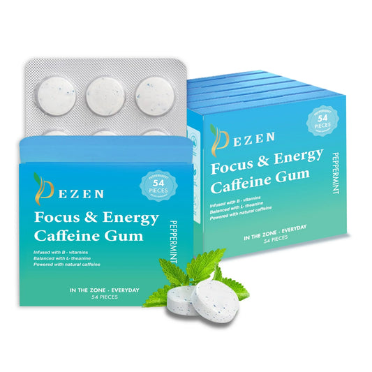 54Pcs DEZEN Energy Caffeine Mint Gum with L-Theanine + Caffeine + Vitamin B12 & B6, Nootropic Energy & Focus Supplement, Peppermint Flavor