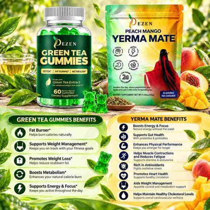 Yerba Mate Tea Powder (Peach Mango) + Green Tea Gummies (Apple) Combo