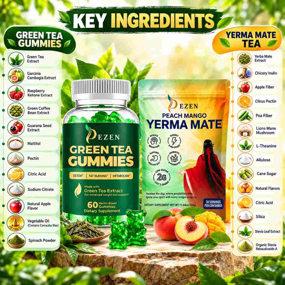 Yerba Mate Tea Powder (Peach Mango) + Green Tea Gummies (Apple) Combo