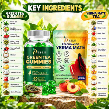 Yerba Mate Tea Powder (Peach Mango) + Green Tea Gummies (Apple) Combo
