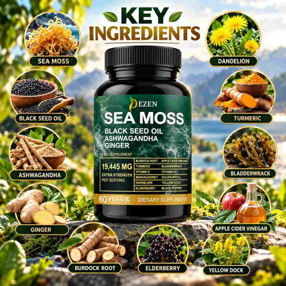 Sea Moss Capsules 19445mg with Black Seed Oil & Ashwagandha, 60 Count