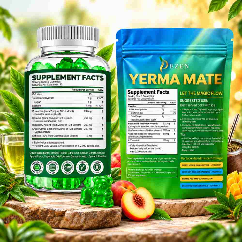 Yerba Mate Tea Powder (Peach Mango) + Green Tea Gummies (Apple) Combo