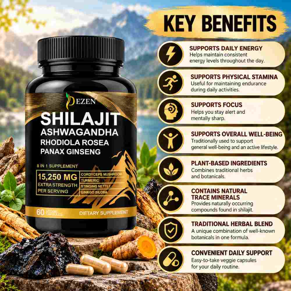 DEZEN Shilajit Capsules 15250mg with Ashwagandha, Ginseng Rhodiola, 60 Count