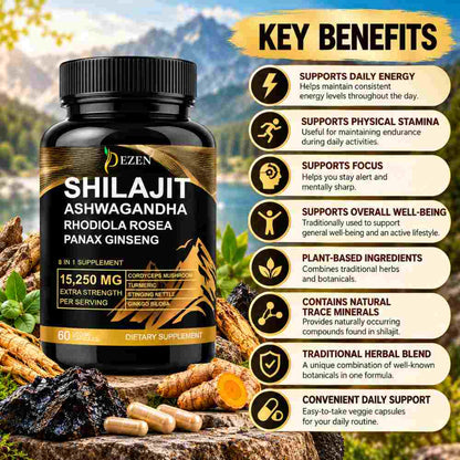 DEZEN Shilajit Capsules 15250mg with Ashwagandha, Ginseng Rhodiola, 60 Count