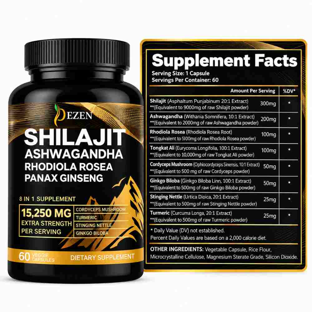 DEZEN Shilajit Capsules 15250mg with Ashwagandha, Ginseng Rhodiola, 60 Count