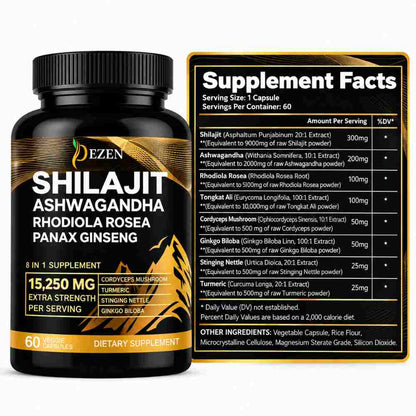 DEZEN Shilajit Capsules 15250mg with Ashwagandha, Ginseng Rhodiola, 60 Count