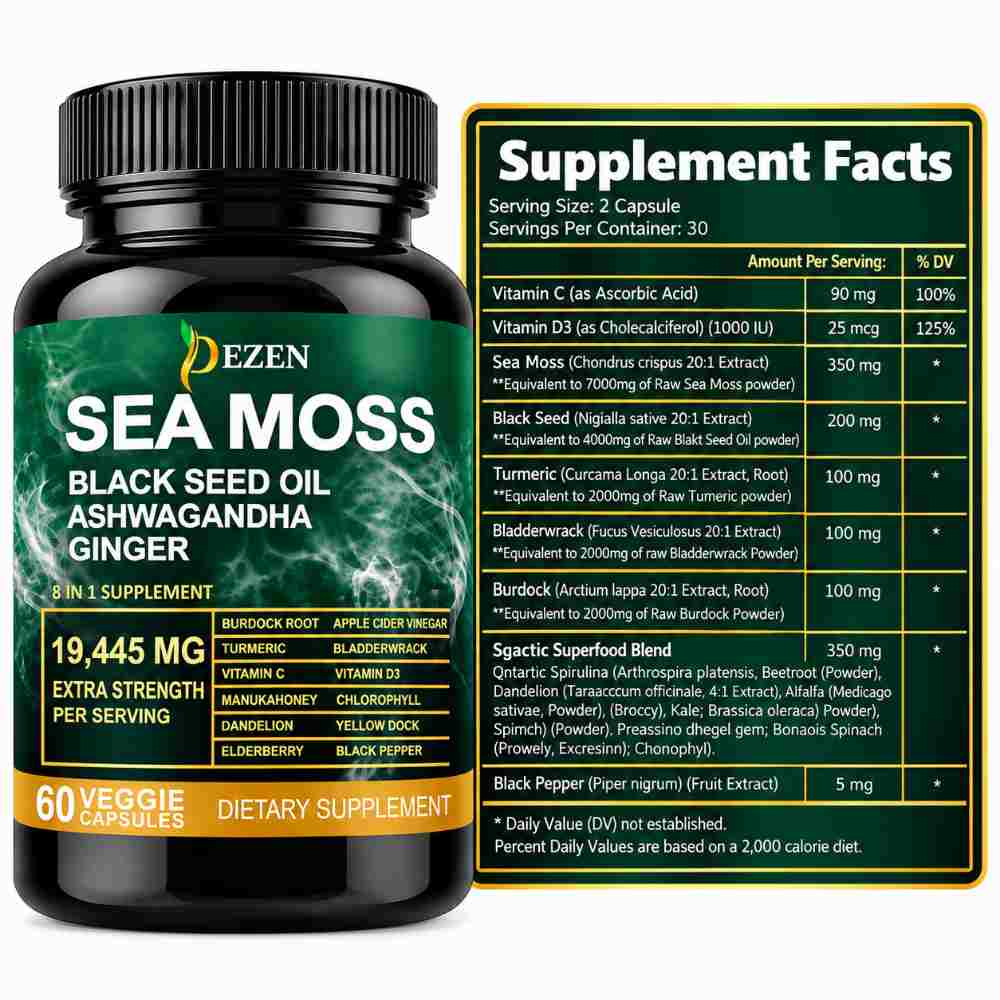 Sea Moss Capsules 19445mg with Black Seed Oil & Ashwagandha, 60 Count