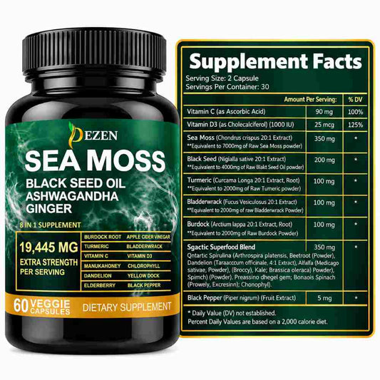 Sea Moss Capsules 19445mg with Black Seed Oil & Ashwagandha, 60 Count
