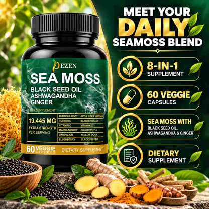 Sea Moss Capsules 19445mg with Black Seed Oil & Ashwagandha, 60 Count