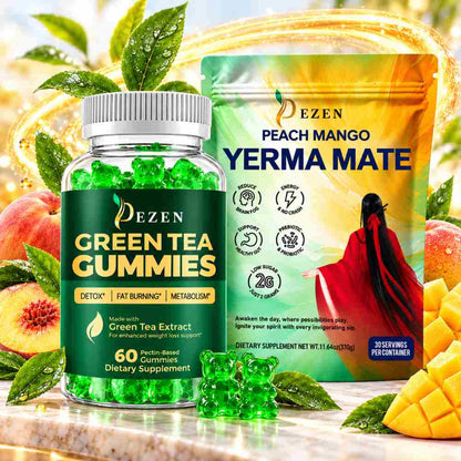Yerba Mate Tea Powder (Peach Mango) + Green Tea Gummies (Apple) Combo