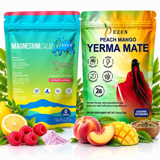 Yerba Mate Tea Peach Mango & Calm Magnesium Raspberry Lemonade Powder Drink Mix Combo Pack