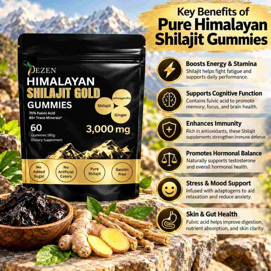 DEZEN Himalayan Shilajit Gold Gummies – 3,000mg Shilajit with Fulvic Acid, Ashwagandha & Ginger