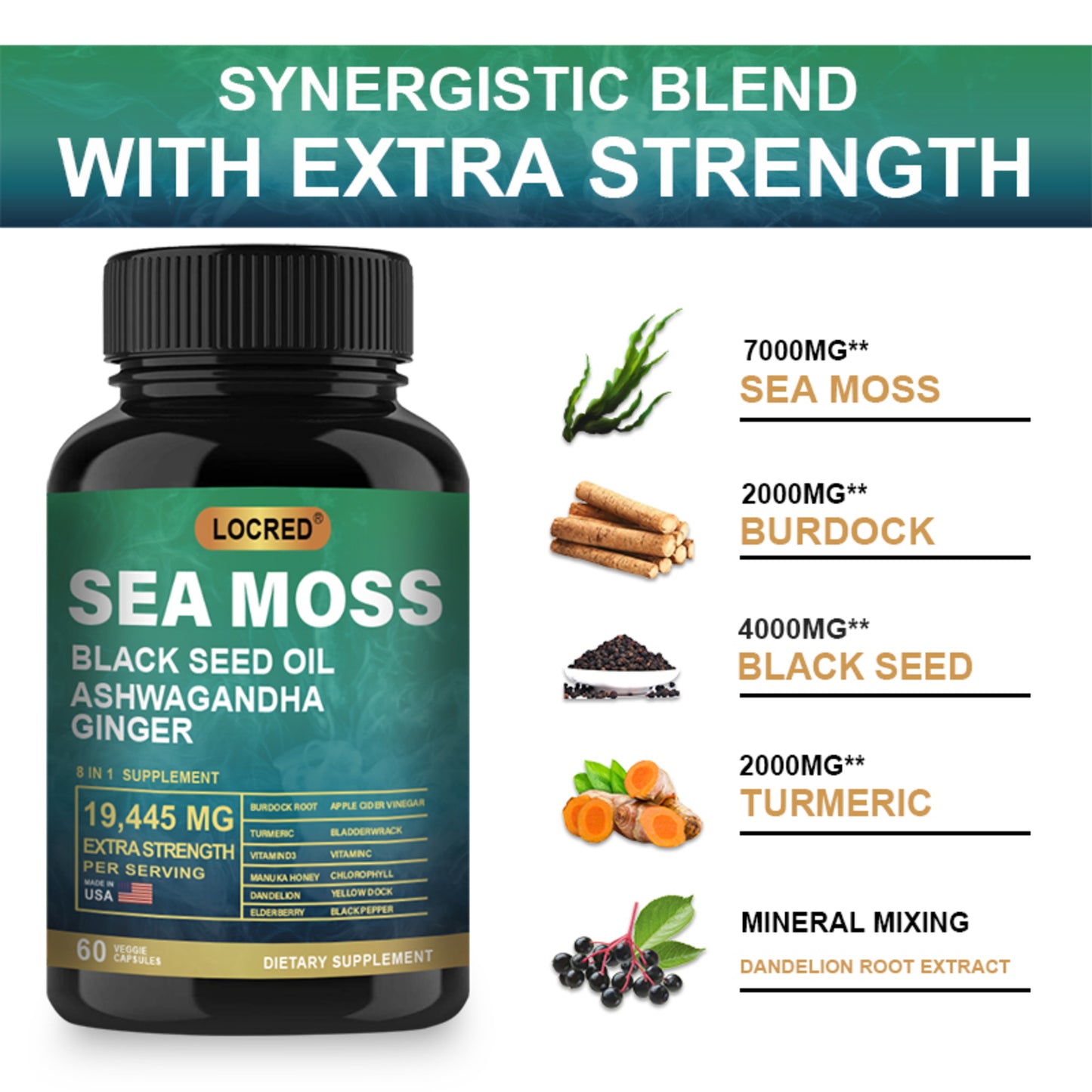 Shilajit 15250mg & Sea Moss 19445mg Combo Pack - 60 Count Each with Black Seed Oil, Ashwagandha, Ginger, Rhodiola Rosea for Enhanced Energy Stress Relief & Immune Support