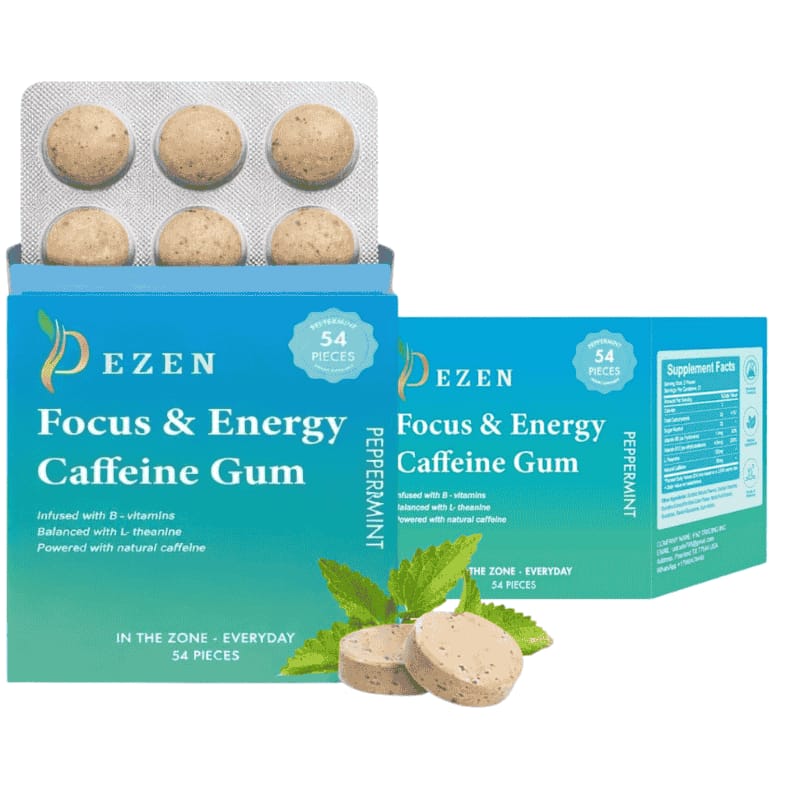 DEZEN Neuro Energy & Focus Gum - Natural Caffeine Gum & Nootropic Energy Supplement with L-Theanine & B Vitamins 54 Pcs in Each
