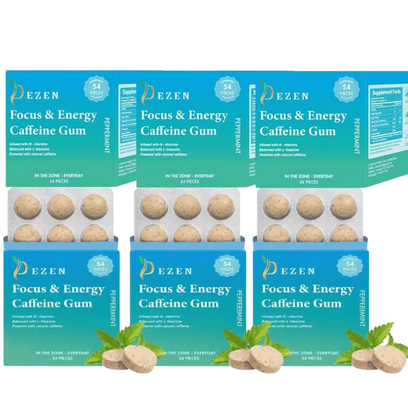 DEZEN Neuro Energy & Focus Gum - Natural Caffeine Gum & Nootropic Energy Supplement with L-Theanine & B Vitamins 54 Pcs in Each
