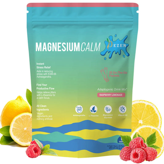 DEZEN Calm Magnesium Powdered Drink Mix with L Theanine, Ashwagandha, Magnesium Glycinate, Vitamin D, 20 Packets Each for Sleep & Anxiety Relief