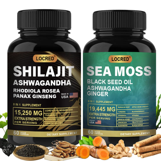 Shilajit 15250mg & Sea Moss 19445mg Combo Pack - 60 Count Each with Black Seed Oil, Ashwagandha, Ginger, Rhodiola Rosea for Enhanced Energy Stress Relief & Immune Support