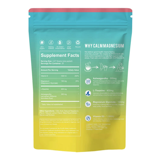 DEZEN Calm Magnesium Powdered Drink Mix with L Theanine, Ashwagandha, Magnesium Glycinate, Vitamin D, 20 Packets Each for Sleep & Anxiety Relief