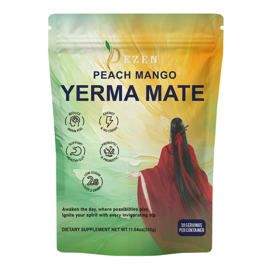 DEZEN Yerba Mate Instant Tea with Probiotics Supplements for Boost Energy, Focus and Gut Health Support, Peach Mango, 30 Servings, 11.64 Ounce