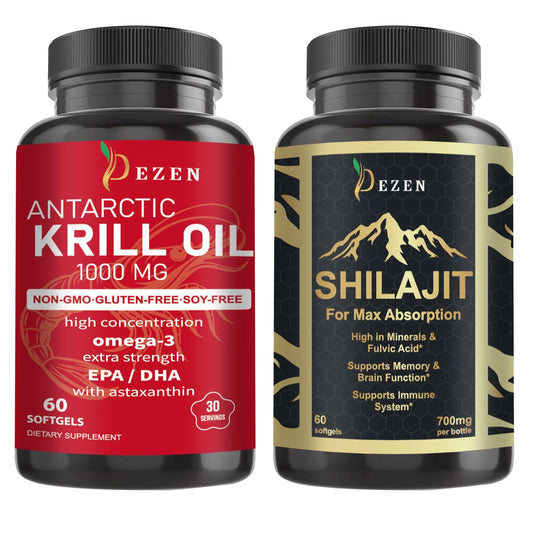 DEZEN Pure Himalayan Shilajit & Krill Oil Softgels with Omega 3 for Supports Energy, Cognitive Function, Immune & Heart Health, 60 Count Each