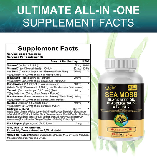 2Pcs Organic Sea Moss Capsules with Black Seed Oil, Bladderwrack &amp; Burdock, Vitamins C & D3, Turmeric for Digestive Health & Improves Energy &amp; Stamina